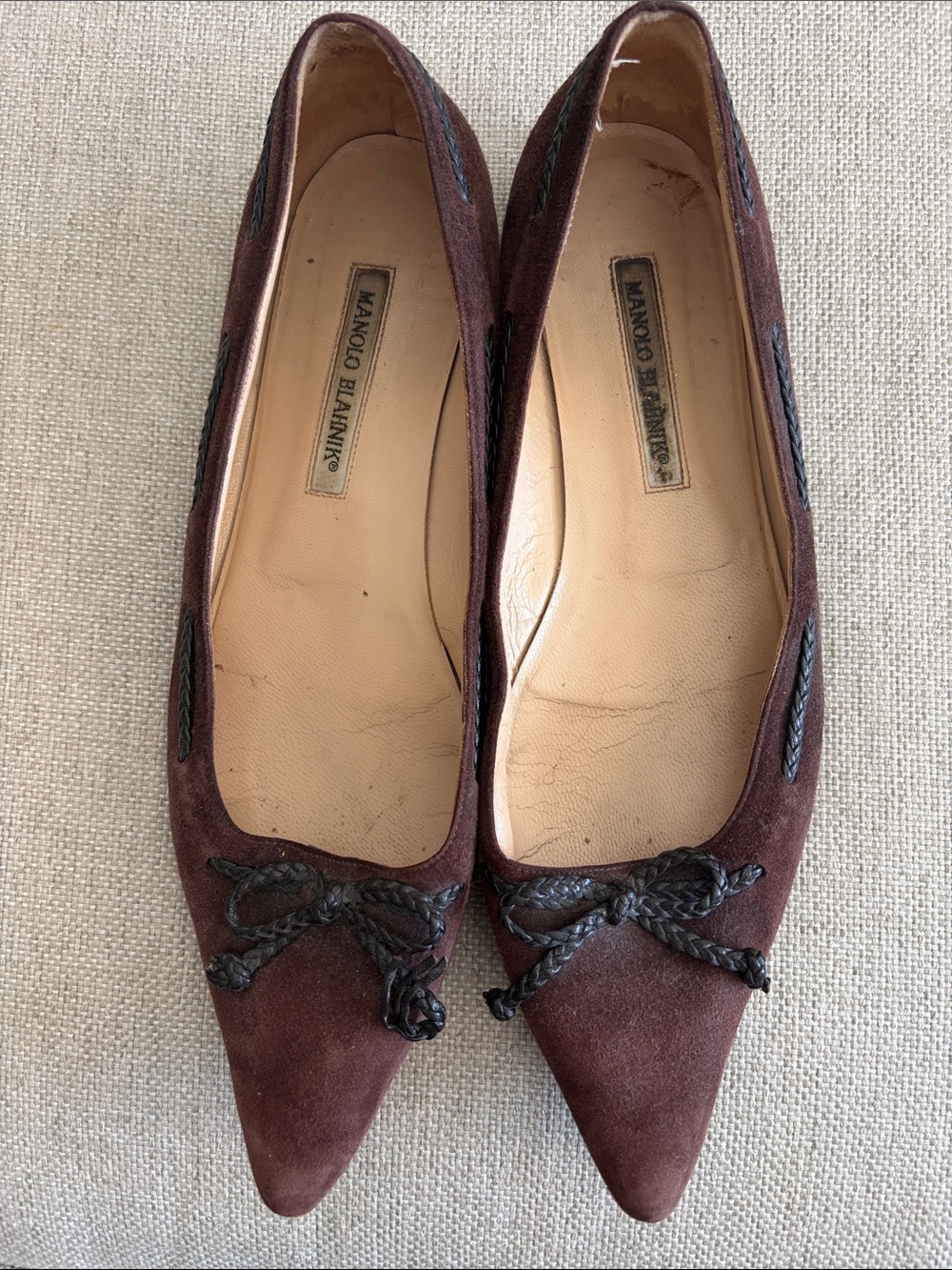 Manolo Blahnik Dark Brown Suede Pointed-Toe Flats with Braided Trim - Picture 6 of 9